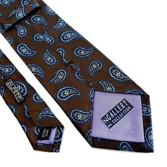 JZ Richards Brown Blue Paisley Woven Long Silk Tie - Picture 6 of 7